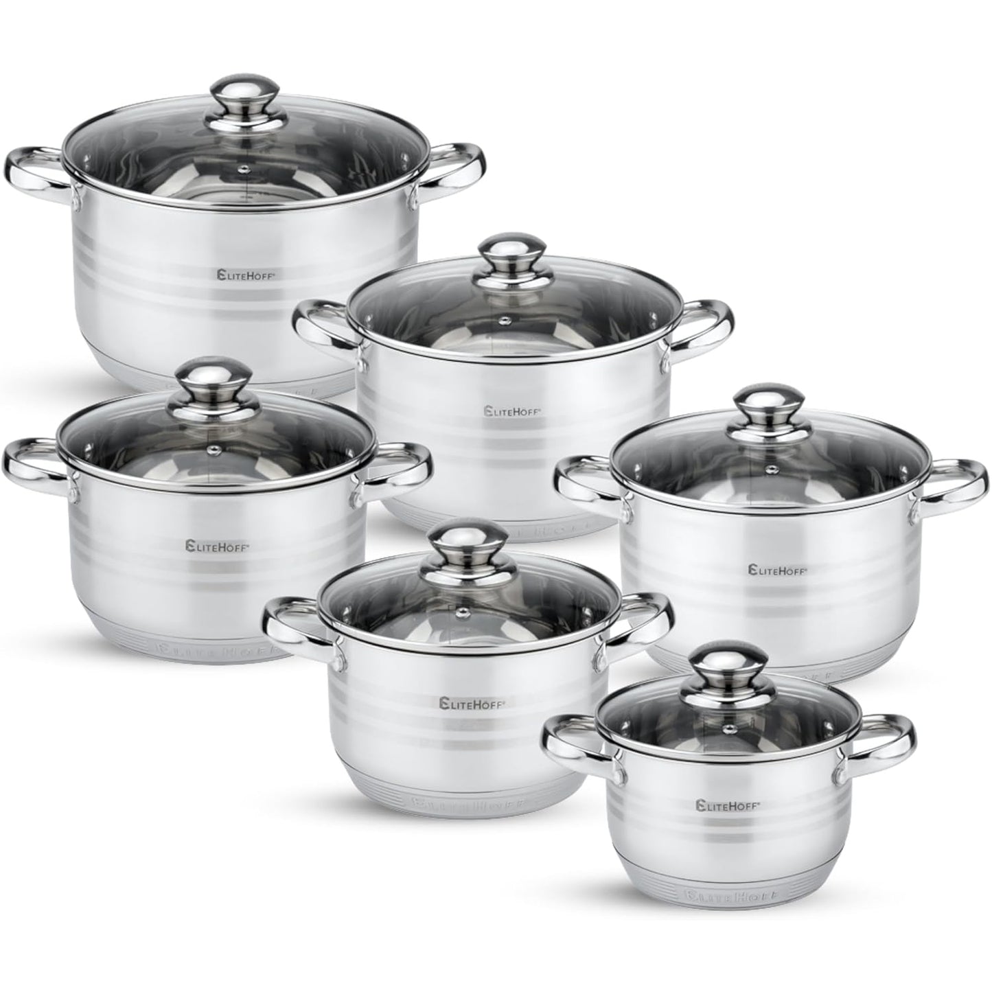 Juego de Ollas de Acero Inoxidable, 12 Piezas, Tapas Incluidas, Apto para Lavavajillas, Apto para Cocina Eléctrica, Gas, Vitrocerámica e Inducción