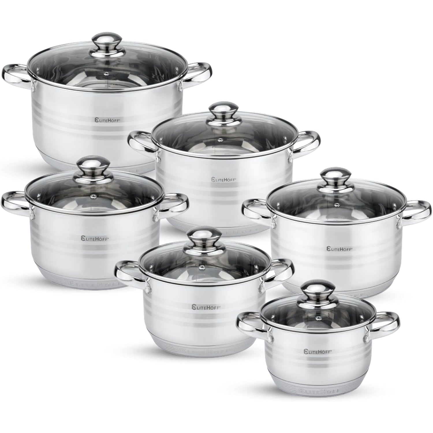 Juego de Ollas de Acero Inoxidable, 12 Piezas, Tapas Incluidas, Apto para Lavavajillas, Apto para Cocina Eléctrica, Gas, Vitrocerámica e Inducción