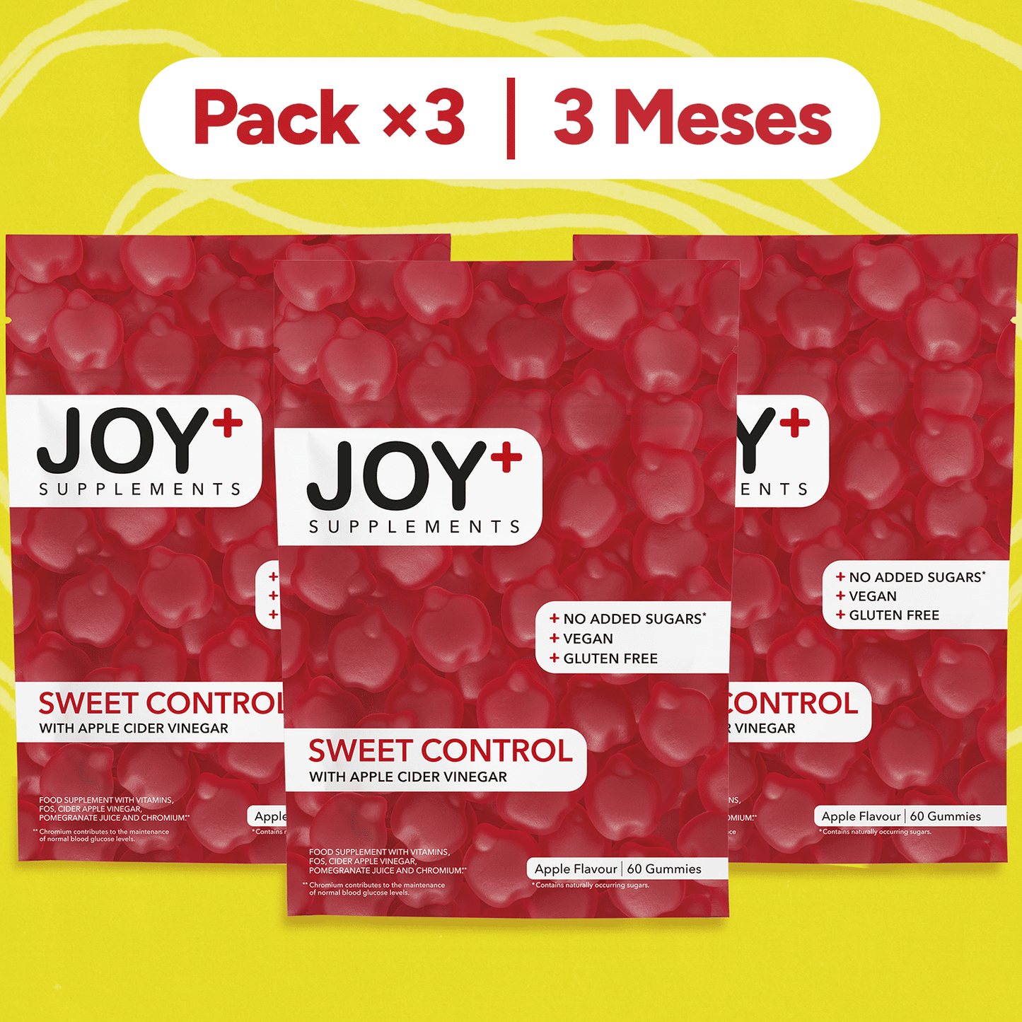 Pack x3 Gominolas para el Control de Glucosa con Vinagre de Manzana, Cromo, Ácido Fólico, Vitaminas B6 y B12, Sabor Manzana, 3 x 60 Gummies, 180 Gummies - Joy+ Supplements