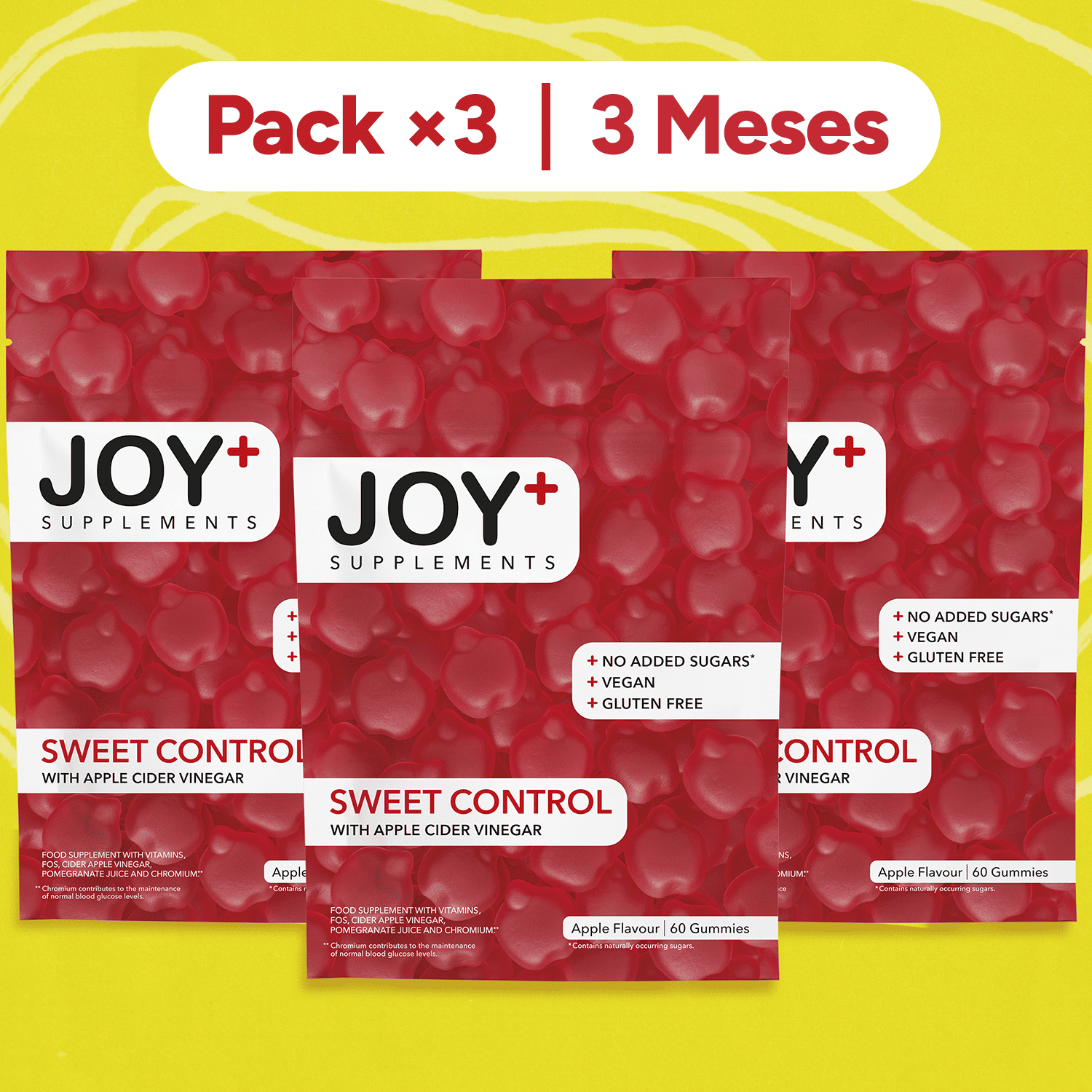Pack x3 Gominolas para el Control de Glucosa con Vinagre de Manzana, Cromo, Ácido Fólico, Vitaminas B6 y B12, Sabor Manzana, 3 x 60 Gummies, 180 Gummies - Joy+ Supplements