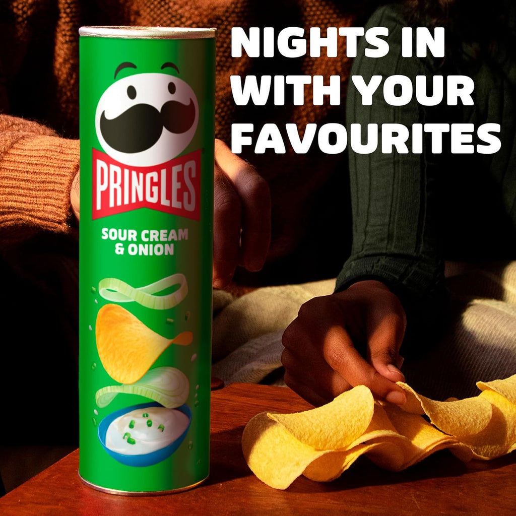 Pringles Sour Cream & Onion, Snack de Patatas Fritas sabor Crema Agria y Cebolla, Tamaño XXL de 185g, Pack de 6 Unidades