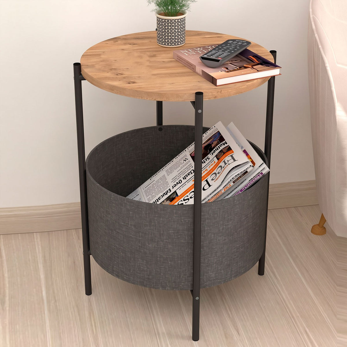 Mesa Auxiliar con Revistero, Mesa de Centro para Salón y Sala de Estar, Diseño Redondo con Espacio de Almacenamiento y Acabado Efecto Madera, 43 x 43 x 60 cm