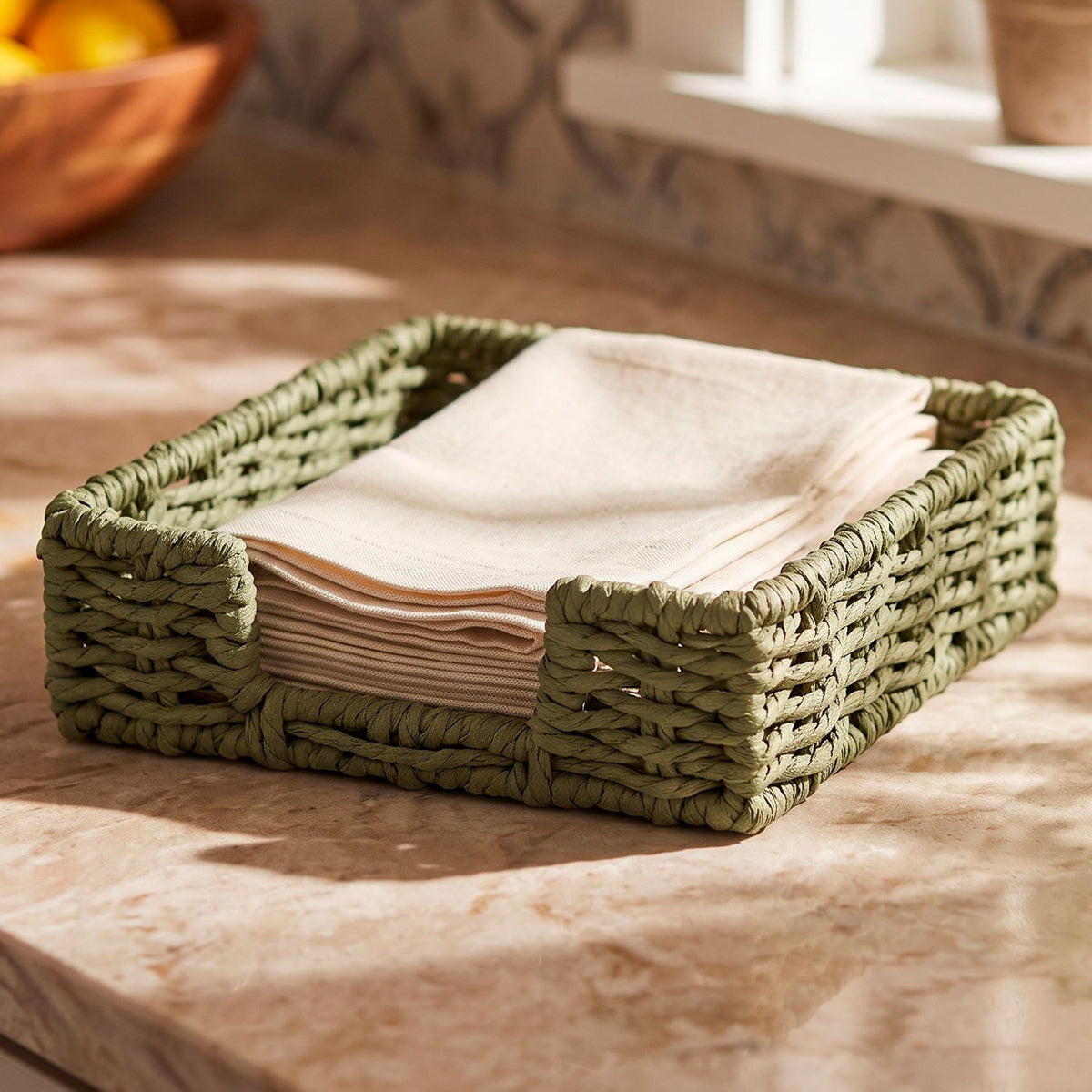 Servilletero de Mesa Tejido, para Organizar Servilletas en Cocina y Comedor, Diseño Decorativo de Estilo Natural, Color Verde, 18 x 18 x 5 cm