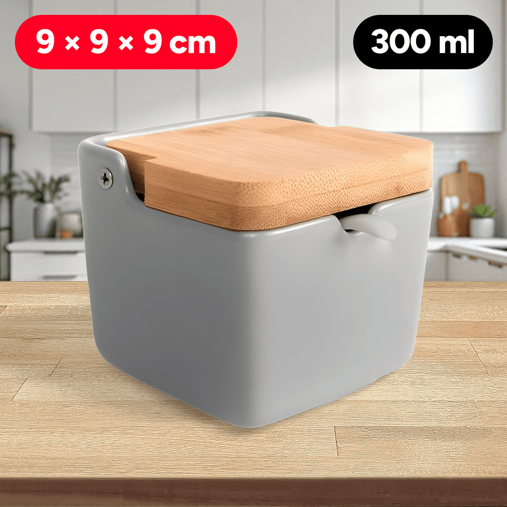 Azucarero Cocina con Tapa, Hecho de Cerámica y Madera, Capacidad de 300ml, Recipiente para Especias y Aliños, Gris, 9 x 9 x 9 cm