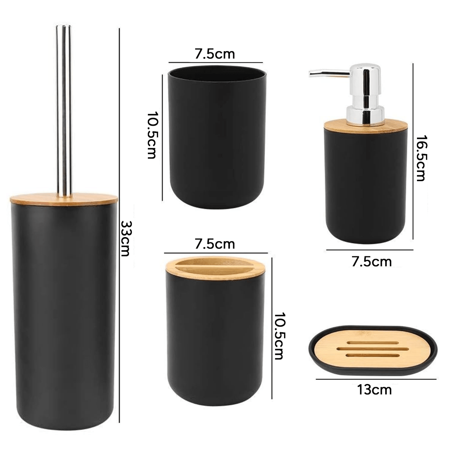 Set de Baño Completo, Conjunto Accesorios Baño Diseño Moderno y Elegante, Incluye Soporte para Cepillos de Dientes, Dispensador de Jabón Líquido, Vaso, Jabonera y Escobilla de Baño, Color Negro, Fabricado en Plastico Resistente y Bambú