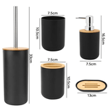 Set de Baño Completo, Conjunto Accesorios Baño Diseño Moderno y Elegante, Incluye Soporte para Cepillos de Dientes, Dispensador de Jabón Líquido, Vaso, Jabonera y Escobilla de Baño, Color Negro, Fabricado en Plastico Resistente y Bambú