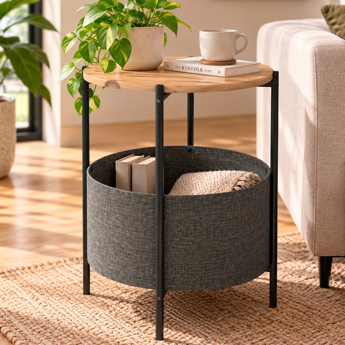 Mesa Auxiliar con Revistero, Mesa de Centro para Salón y Sala de Estar, Diseño Redondo con Espacio de Almacenamiento y Acabado Efecto Madera, 43 x 43 x 60 cm