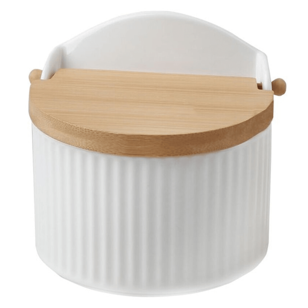 Salero Cocina con Tapa, Hecho de Porcelana y Madera, Recipiente para Especias y Aliños, Blanco, 12 x 9.5 x 11cm