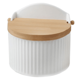 Salero Cocina con Tapa, Hecho de Porcelana y Madera, Recipiente para Especias y Aliños, Blanco, 12 x 9.5 x 11cm
