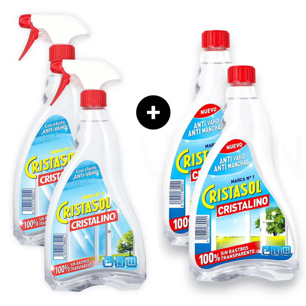 CRISTASOL Cristalino Limpiador para Cristales Líquido en Spray, Para Limpieza de Ventanas, Espejos y Superficies de Vidrio o Cristal Sin Dejar Rastros o Marcas, Pack 2 Pistolas 750ml + 2 Recambios de 750ml, 3L en Total