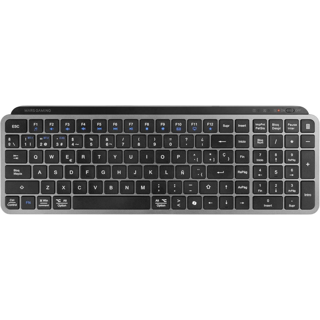 Mars Gaming MK-SILENKEYS, Teclado Inalámbrico Full-Format Compacto, Perfil Bajo, Switches Tijera Silenciosos, Tecla Copilot AI, Bluetooth 5.1 Dual + 2.4GPRO, Batería 200h, PC/Mac, Español, Negro