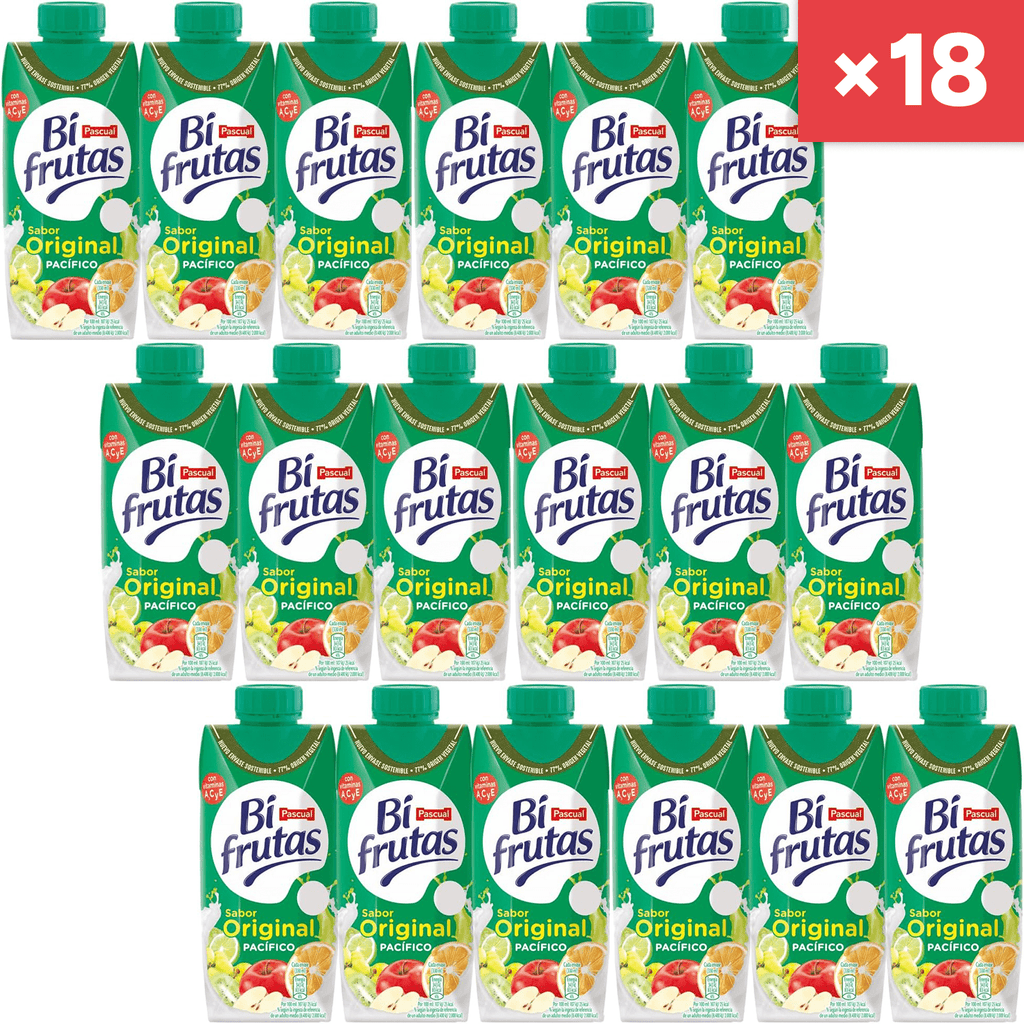 PASCUAL Bifrutas, Bebida Refrescante Sabor Pacífico, Bebida de Leche, Zumo de Manzana, Kiwi, Naranja y Lima, Pack 18 Zumos de 330ml
