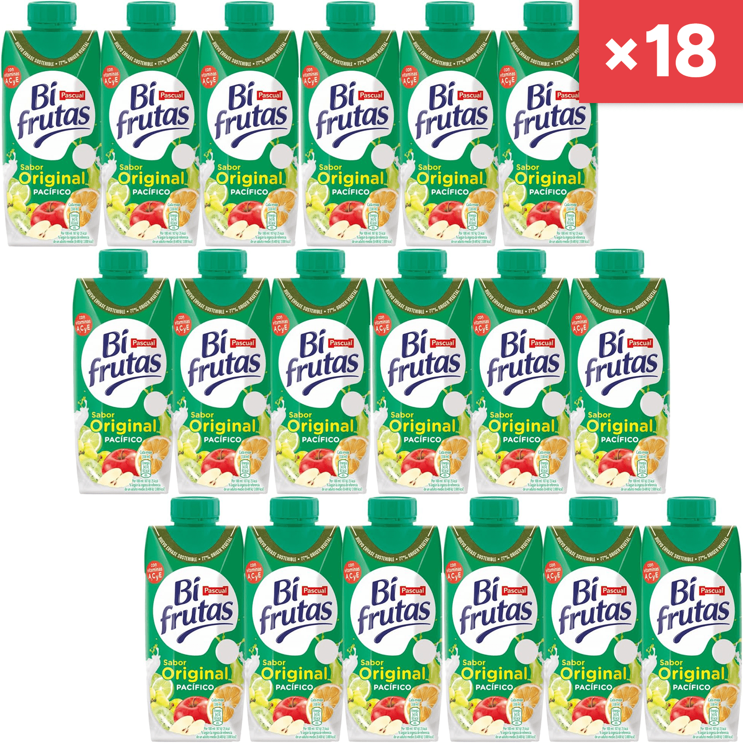PASCUAL Bifrutas, Bebida Refrescante Sabor Pacífico, Bebida de Leche, Zumo de Manzana, Kiwi, Naranja y Lima, Pack 18 Zumos de 330ml