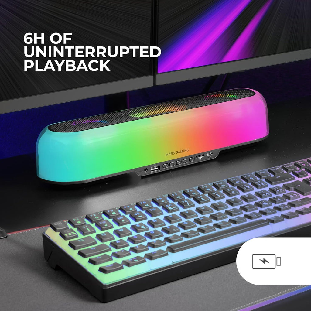 Mars Gaming MSB-Orb, Altavoz Portátil + Barra de Sonido 20W, Iluminación Orbilight RGB 360º, Soundbar con Sistema de Triple Driver, Altavoces Gaming Bluetooth 5.3 / USB/MicroSD/AUX/FM, Negro