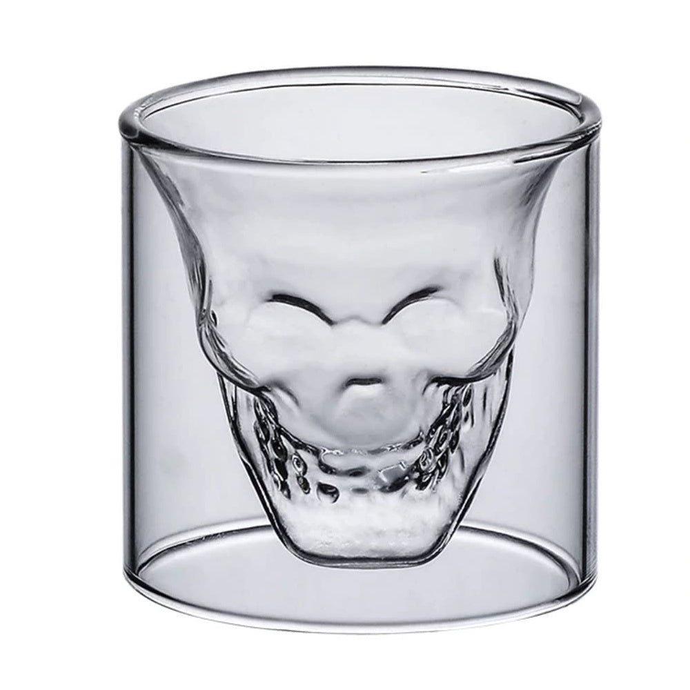 x3 Vaso Calavera de Cristal, Muy Resistentes, Base Gruesa y Estable, Doble Pared, Térmicos, Forma Interior de Calavera 3D, 3 unidades 130ml