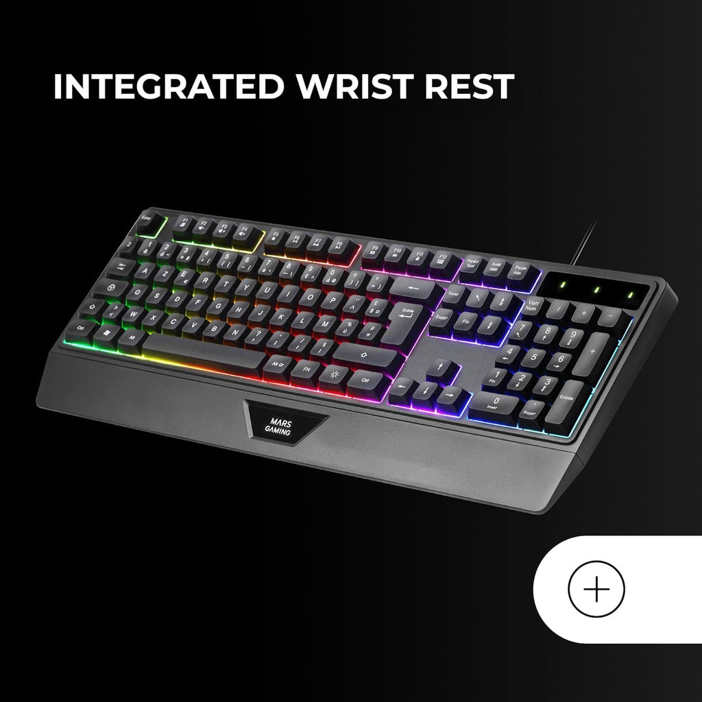 Mars Gaming MK124, Teclado Ergonómico H-Mech, Reposamuñecas Integrado, Iluminación FRGB Rainbow, Teclado Gaming Antighosting Avanzado, Teclado PC Completo Multiplataforma, Idioma Español, Negro