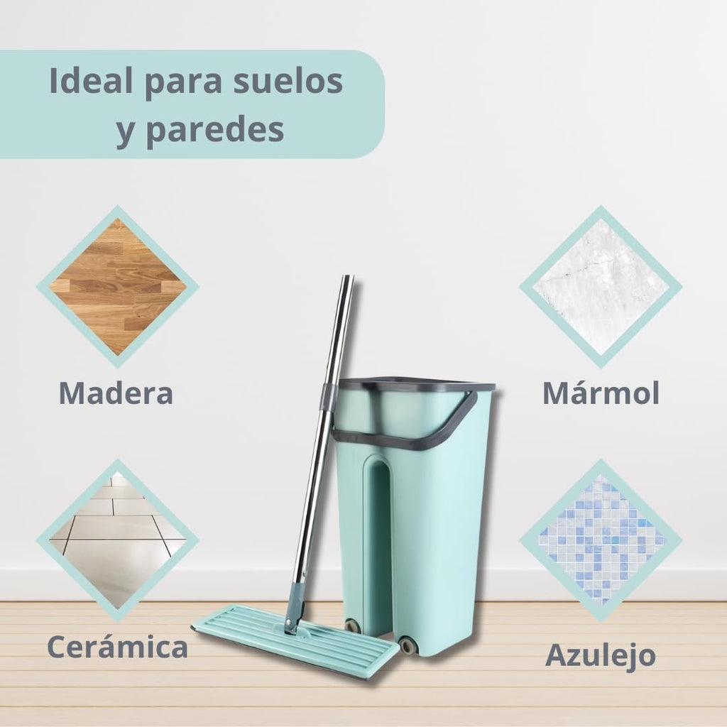 Fregona y Cubo de Limpieza Escurridor con Compartimentos, Cabezal Plano y Flexible Rotación 360. Cubo Escurrefacil. Ideal para Limpiar Suelos, Paredes, Techos, Ventanas, Incluye Recambios Extra