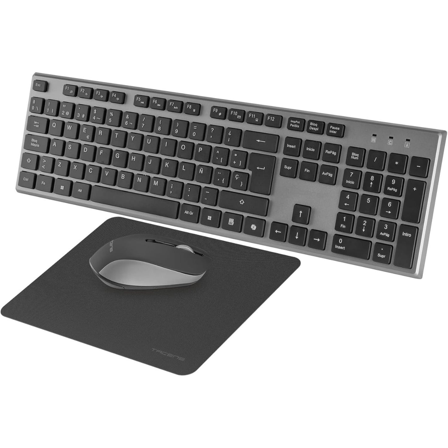 Tacens Zenith, Combo Inalámbrico 3en1 con Tecnología DualLink 2.4 GHz, Teclado Completo Full-Size con SmartKey Copilot AI, Ratón Óptico 3200 dpi, Alfombrilla Nanotextil, Idioma Portugués, Negro
