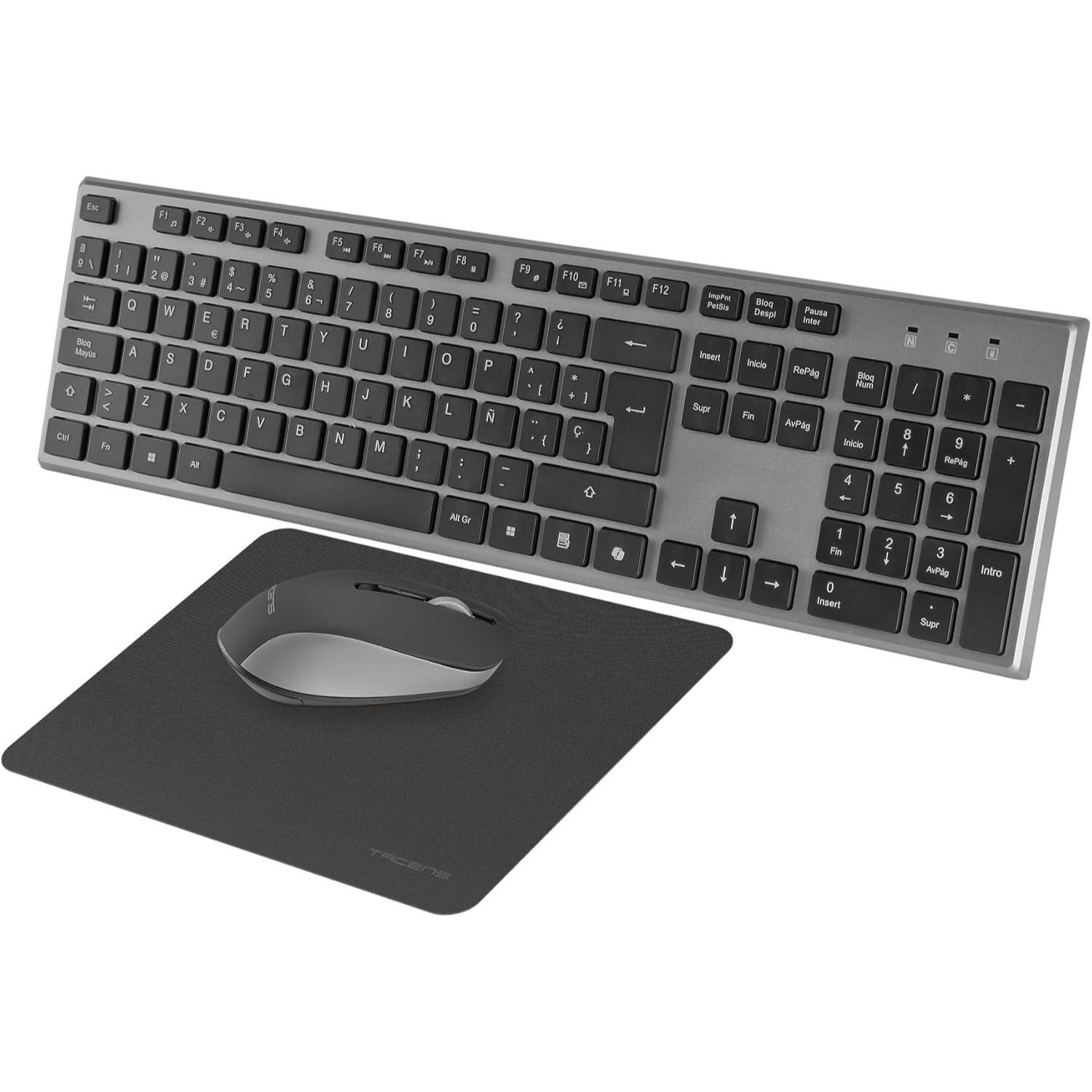 Tacens Zenith, Combo Inalámbrico 3en1 con Tecnología DualLink 2.4 GHz, Teclado Completo Full-Size con SmartKey Copilot AI, Ratón Óptico 3200 dpi, Alfombrilla Nanotextil, Idioma Portugués, Negro