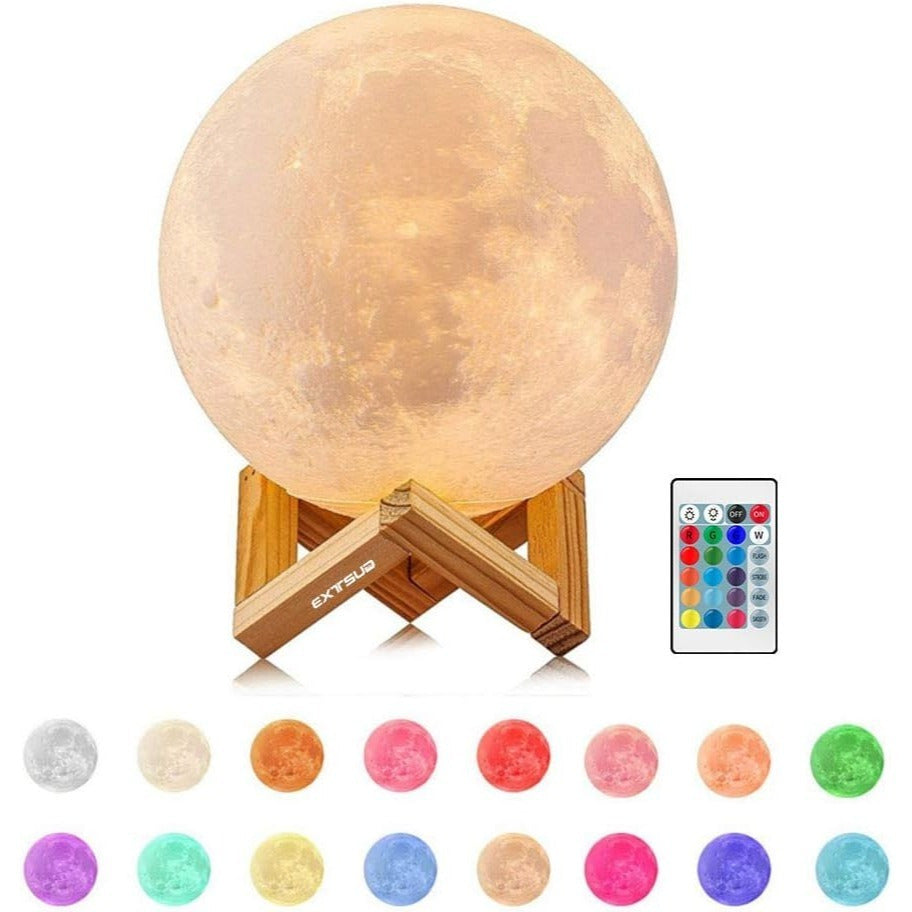 Lámpara Luna de 16 Colores, Mando a Distancia, Incluye Base de Madera y Cable USB de Carga, Tamaño de la Esfera: 15 cm, 16 Modos de Color, Batería de litio: 300 mAh