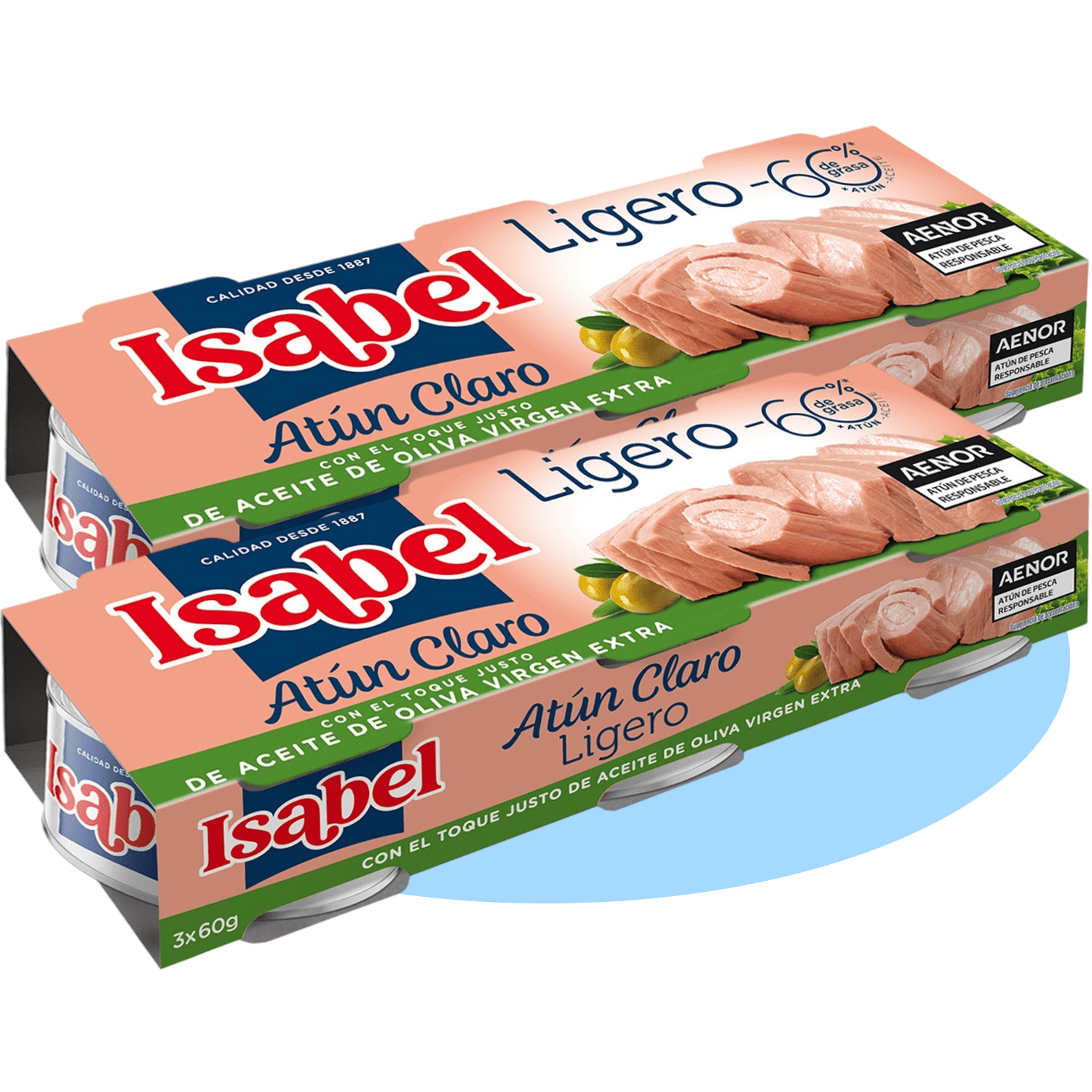 Isabel Atún Claro Ligero con el Toque Justo de Aceite de Oliva Virgen Extra, Pack 3 y 6, 60g por cada Lata