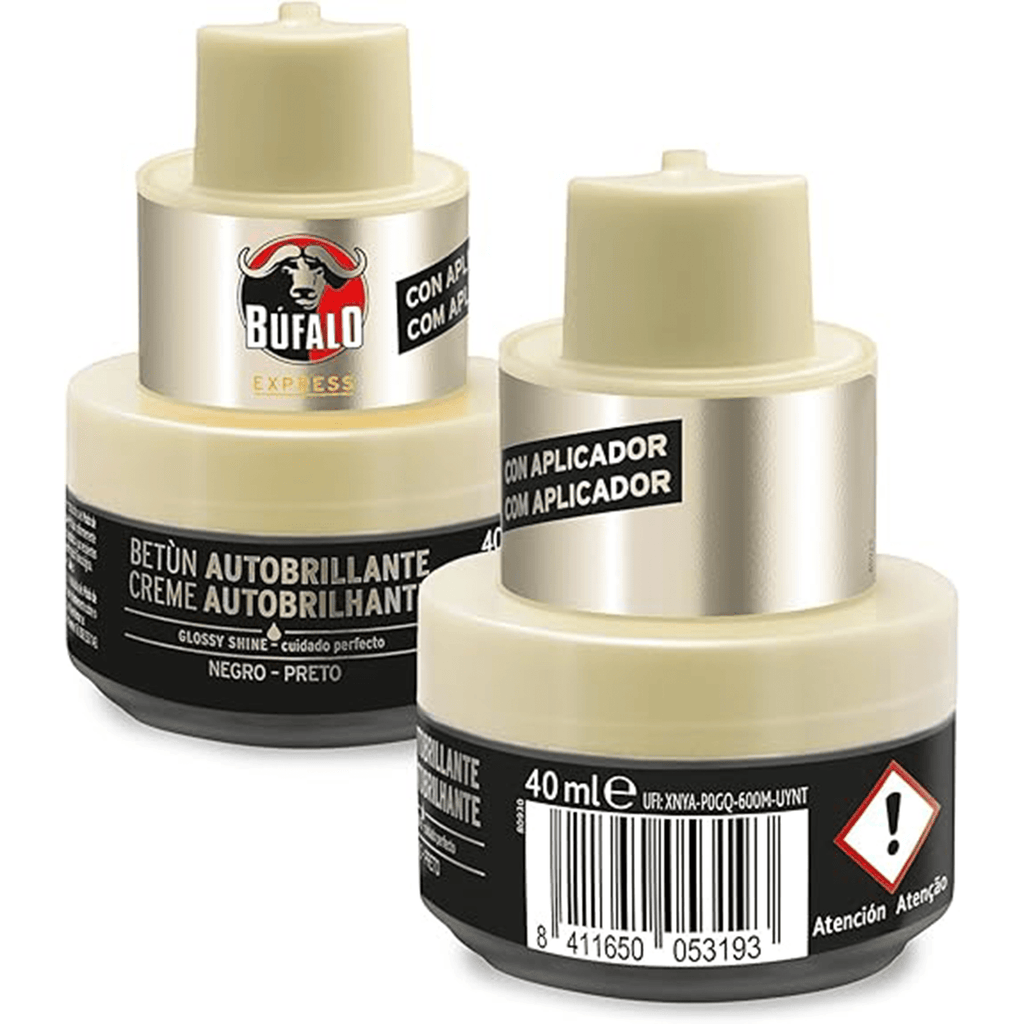 Búfalo Betún Calzado Autobrillante color Negro, Crema para Zapatos, Aporta Color y Brillo, Esponja Integrada, 40 ml