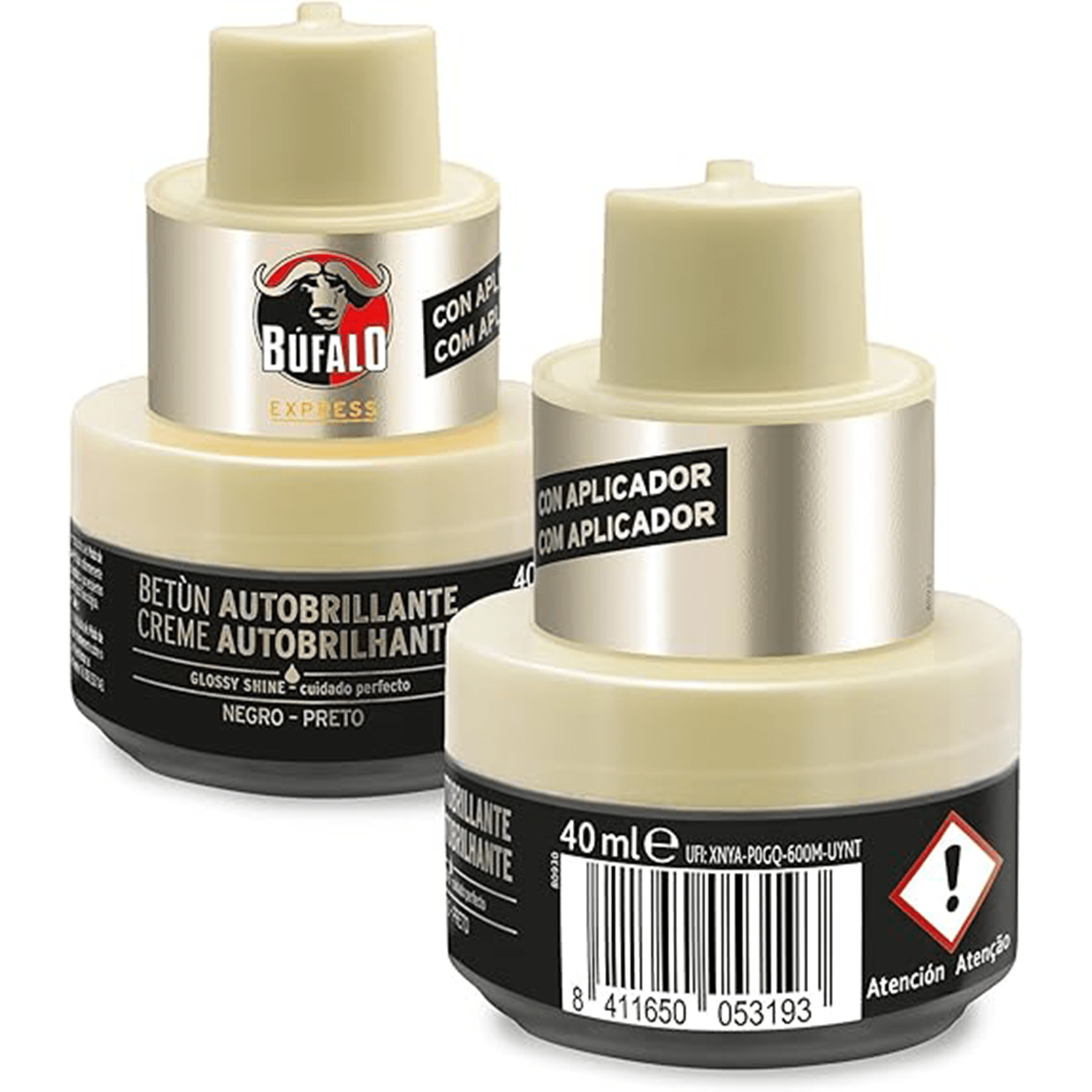 Búfalo Betún Calzado Autobrillante color Negro, Crema para Zapatos, Aporta Color y Brillo, Esponja Integrada, 40 ml