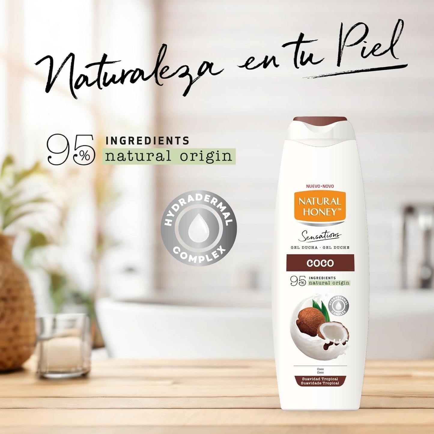 Natural Honey, Gel de Ducha con Extracto Natural de Coco Hidratante y Suavizante, con Hydradermal Complex para una Piel Suave, Fresca y Protegida, Aroma Tropical, Línea Sensations, 650 ml