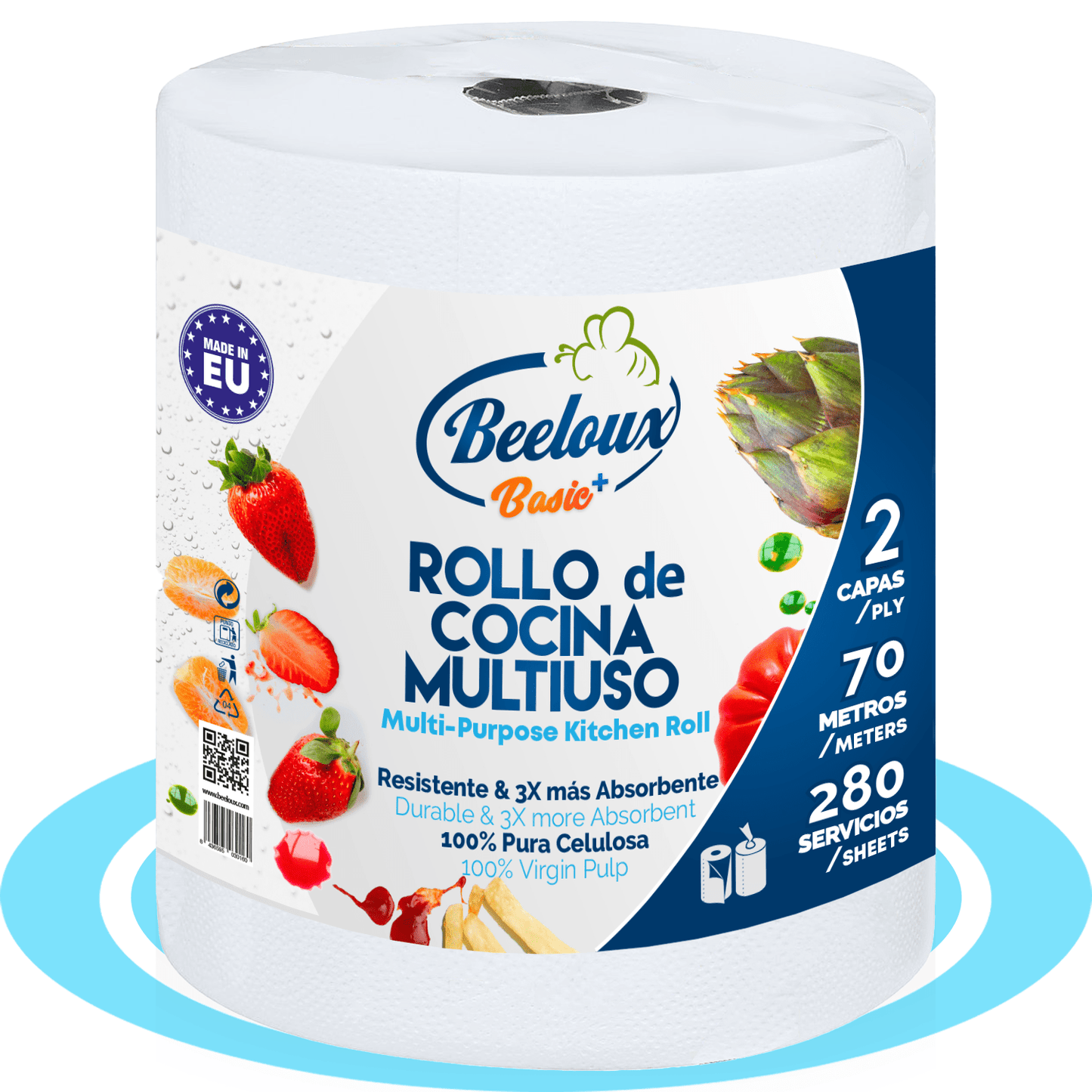 Rollo Papel Cocina Multiuso de 2 Capas, Rollo de Toallas de Papel, Resistente y Muy Absorbente, Hecho con Celulosa Pura, Hasta 280 Usos, 70 metros