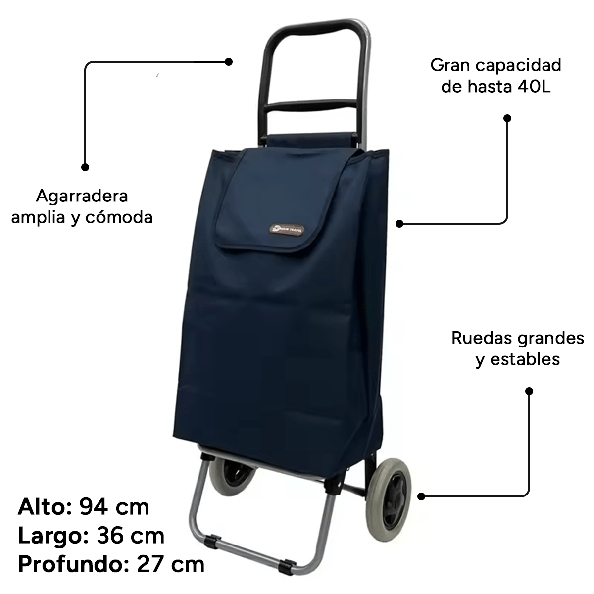 Carro Compra Plegable, Carro Plegable con Ruedas, Gran Capacidad de 40 Litros, 2 Ruedas Grandes Resistentes y Estables, Bolsa Desmontable Facilita Carga y Descarga de tus Compras, Fácil de Limpiar, Alto: 94 cm x Largo: 36 cm x Profundo: 27 cm