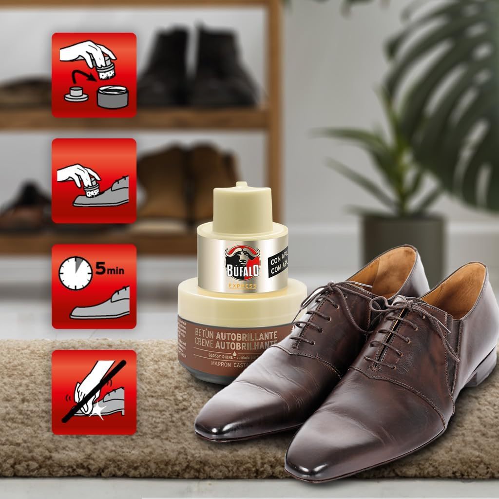 Búfalo Betún Calzado Autobrillante color Marrón, Crema para Zapatos, Aporta Color y Brillo, Esponja Integrada, 40 ml