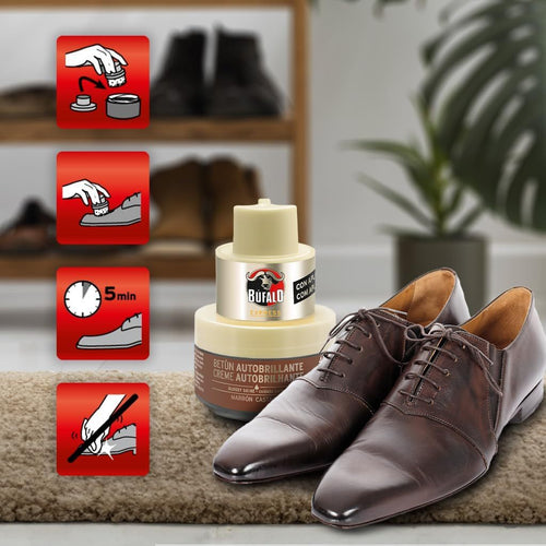 Búfalo Betún Calzado Autobrillante color Marrón, Crema para Zapatos, Aporta Color y Brillo, Esponja Integrada, 40 ml