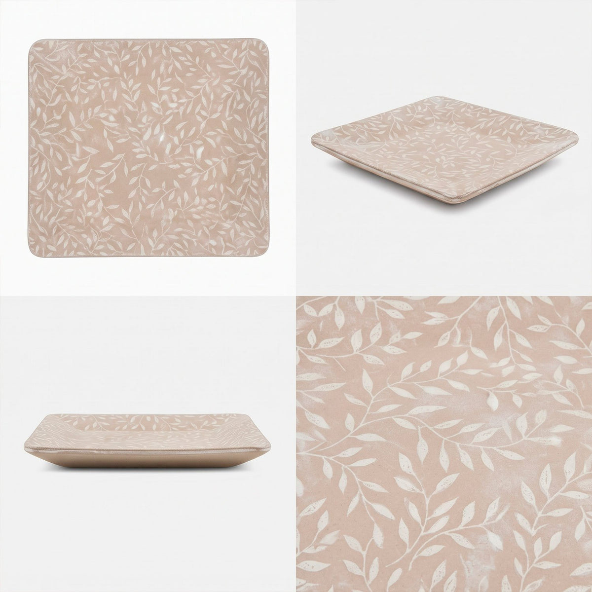 Vaciabolsillos Cuadrado de Madera, Bandeja Organizadora para Llaves, Monedas y Objetos Pequeños, Diseño Decorativo con Estampado de Hojas, Color Beige, 21.5 x 21.5 x 1 cm