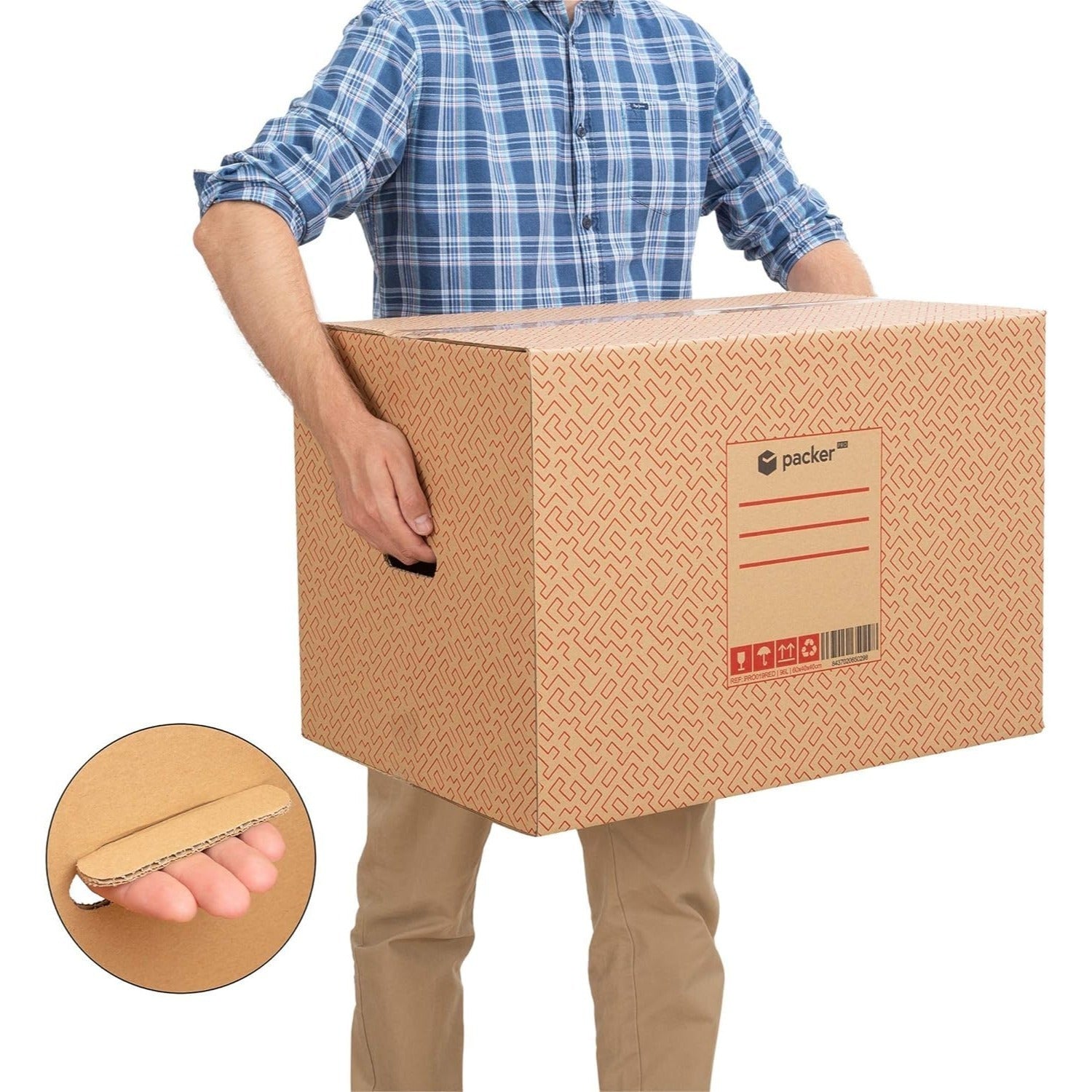 packer PRO Caja Cartón para Mudanzas y Almacenaje Ultra Resistentes con Asas, Fabricadas en Cartón Duro, Ideal para Mudanzas o Almacenaje de Libros y Ropa, Transporte Cómodo y Seguro gracias a las Asas Laterales