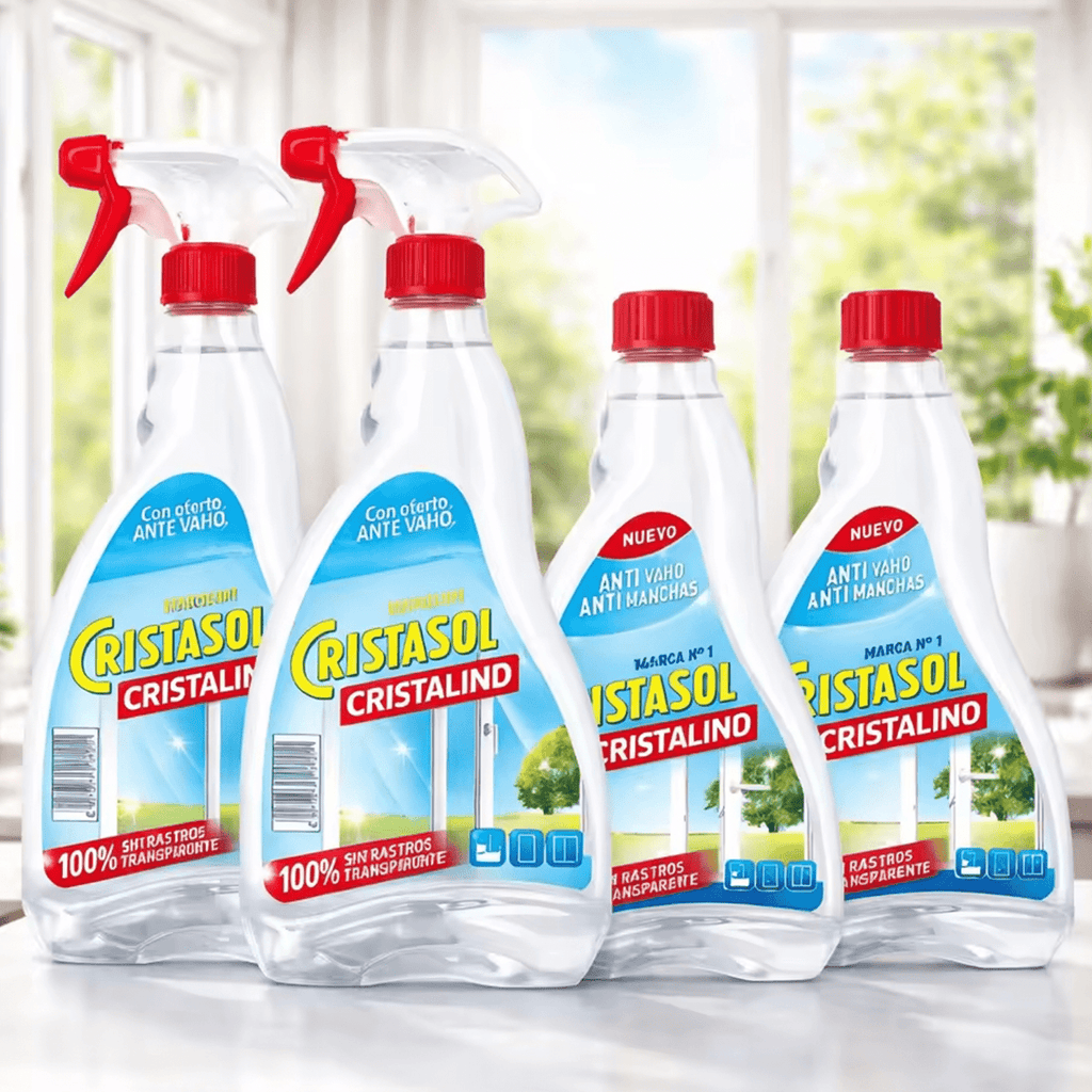 CRISTASOL Cristalino Limpiador para Cristales Líquido en Spray, Para Limpieza de Ventanas, Espejos y Superficies de Vidrio o Cristal Sin Dejar Rastros o Marcas, Pack 2 Pistolas 750ml + 2 Recambios de 750ml, 3L en Total