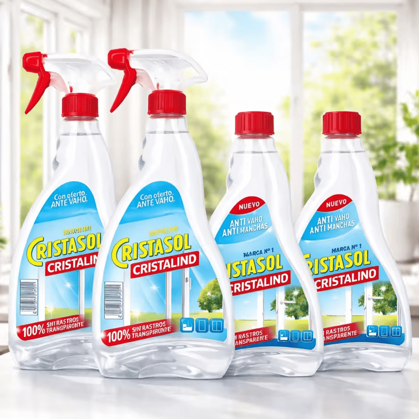 CRISTASOL Cristalino Limpiador para Cristales Líquido en Spray, Para Limpieza de Ventanas, Espejos y Superficies de Vidrio o Cristal Sin Dejar Rastros o Marcas, Pack 2 Pistolas 750ml + 2 Recambios de 750ml, 3L en Total