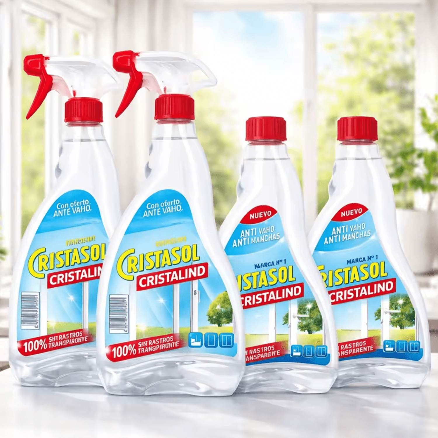 CRISTASOL Cristalino Limpiador para Cristales Líquido en Spray, Para Limpieza de Ventanas, Espejos y Superficies de Vidrio o Cristal Sin Dejar Rastros o Marcas, Pack 2 Pistolas 750ml + 2 Recambios de 750ml, 3L en Total