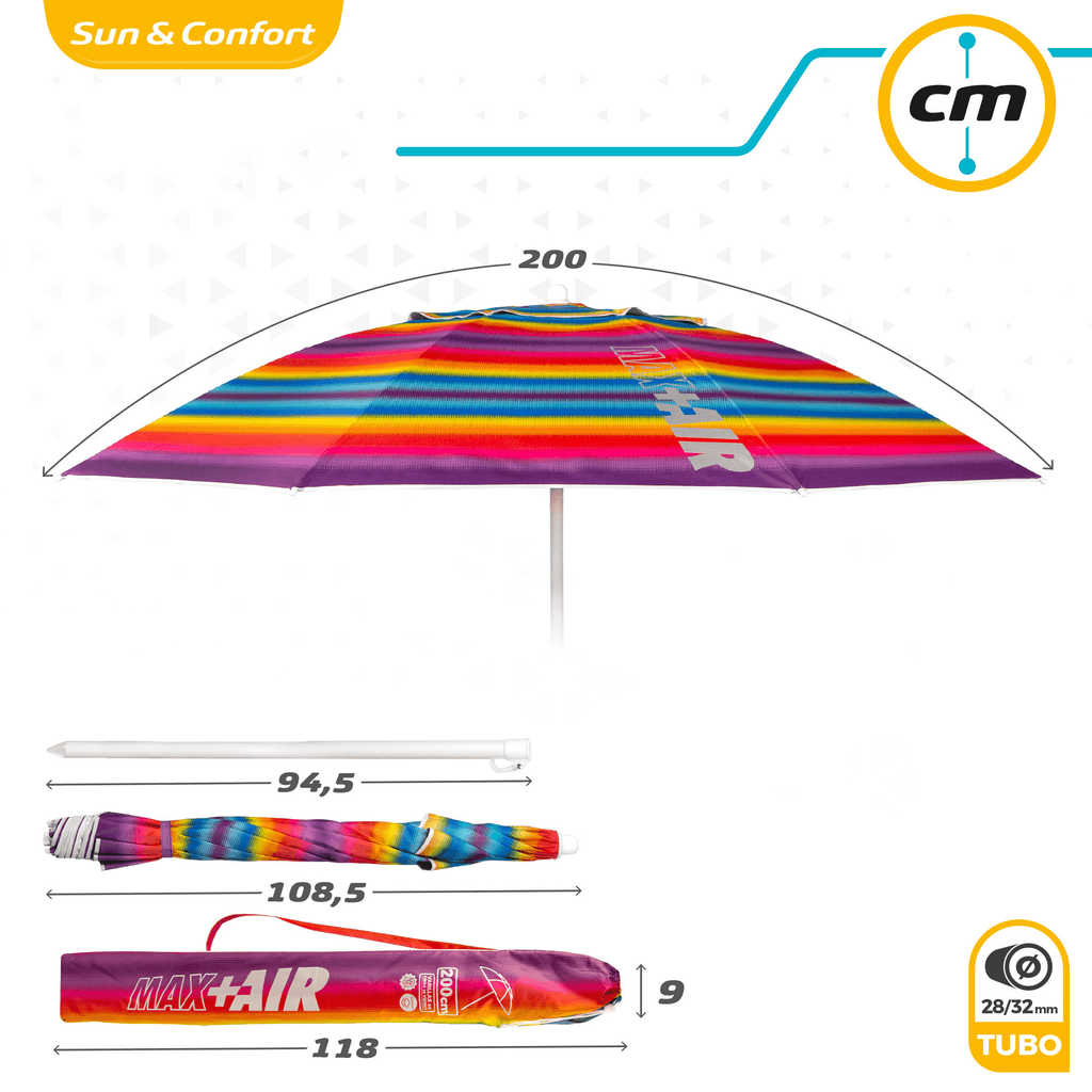 Sombrilla Playa Grande, 200cm / 220cm, Inclinable, Protección UV 50, Hecha de Aluminio y Tela Oxford con Revestimiento, Forma Única para Favorecer la Ventilación, 8 Varillas Resistentes y Flexibles, Ancho Tubo 28/32mm