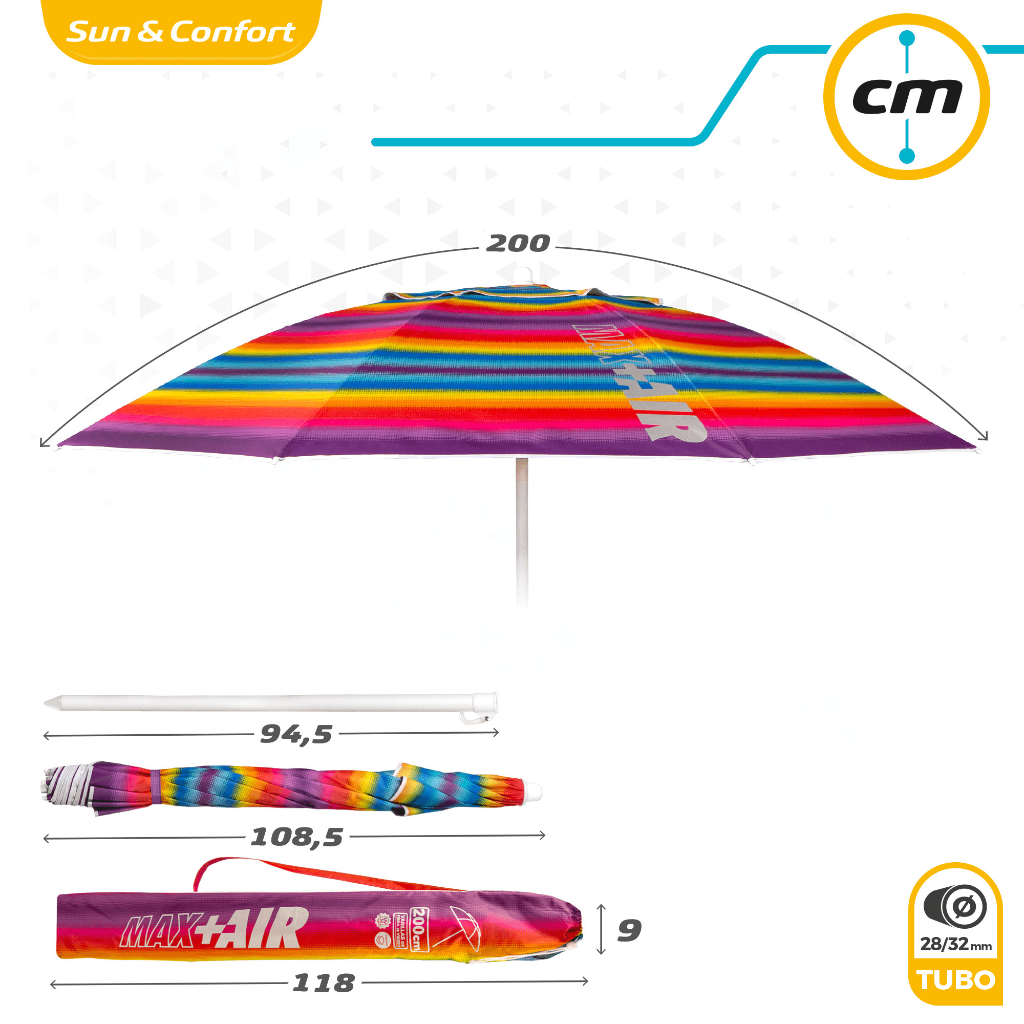 Sombrilla Playa Grande, 200cm / 220cm, Inclinable, Protección UV 50, Hecha de Aluminio y Tela Oxford con Revestimiento, Forma Única para Favorecer la Ventilación, 8 Varillas Resistentes y Flexibles, Ancho Tubo 28/32mm