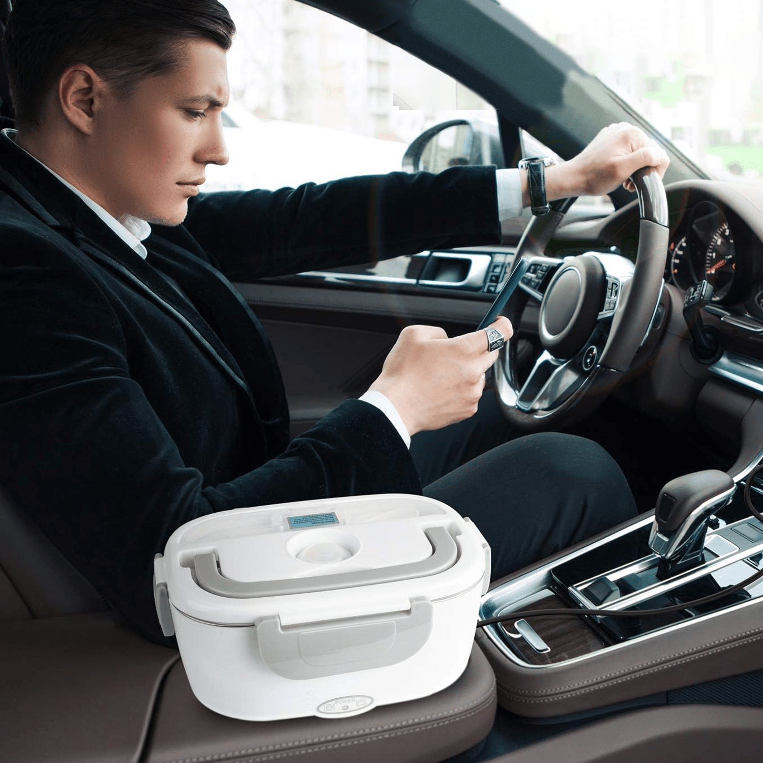 Caja Termica Portatil con 2 Compartimentos, Lonchera Electrica con Asa de Transporte, 1L de Capacidad, Calienta en Pocos Minutos, Enchufe para Coche Incluido, Espacio para Cubiertos con Cuchara Incluida, Fácil Limpieza
