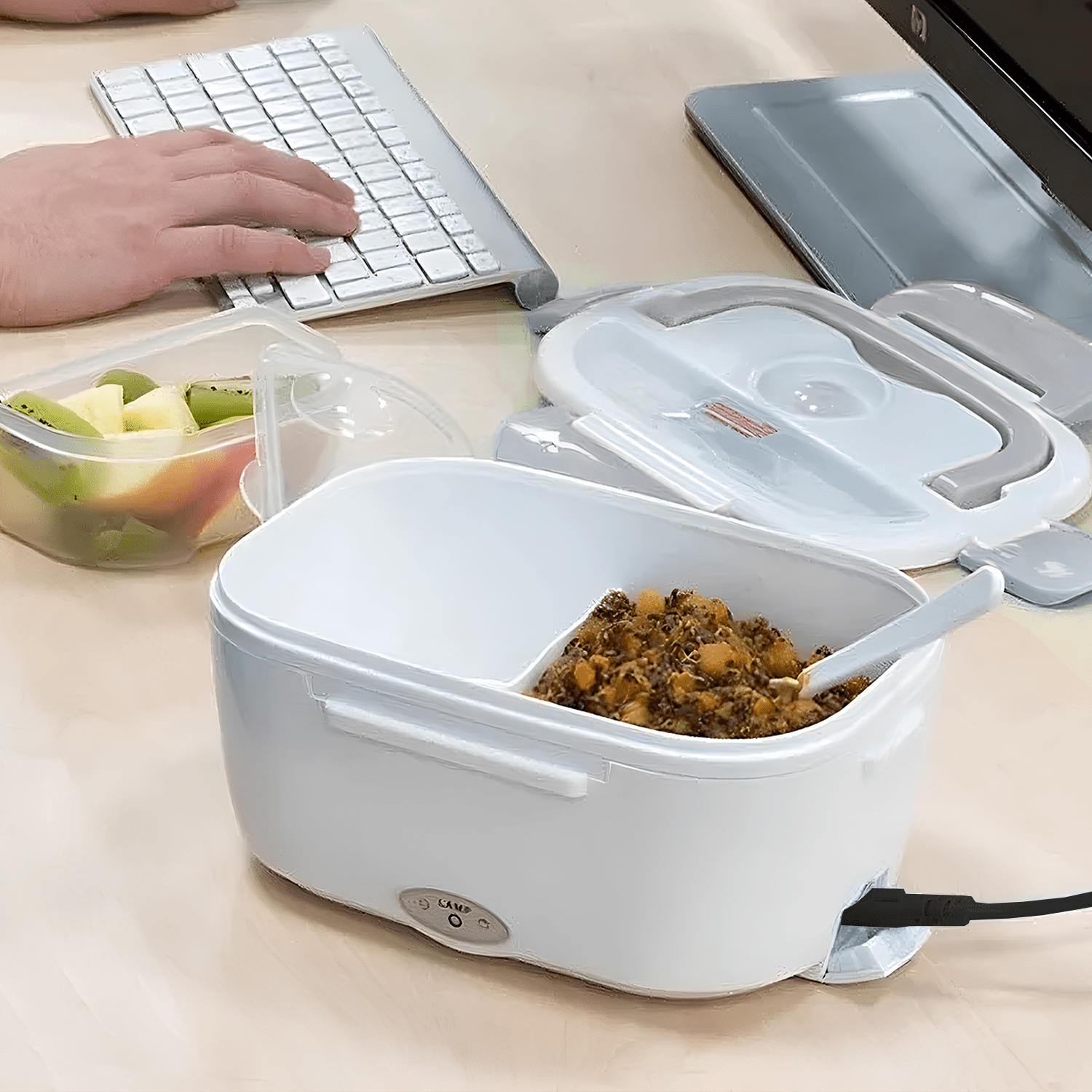 Caja Termica Portatil con 2 Compartimentos, Lonchera Electrica con Asa de Transporte, 1L de Capacidad, Calienta en Pocos Minutos, Enchufe para Casa y Coche Incluido, Espacio para Cubiertos con Cuchara Incluida, Fácil Limpieza