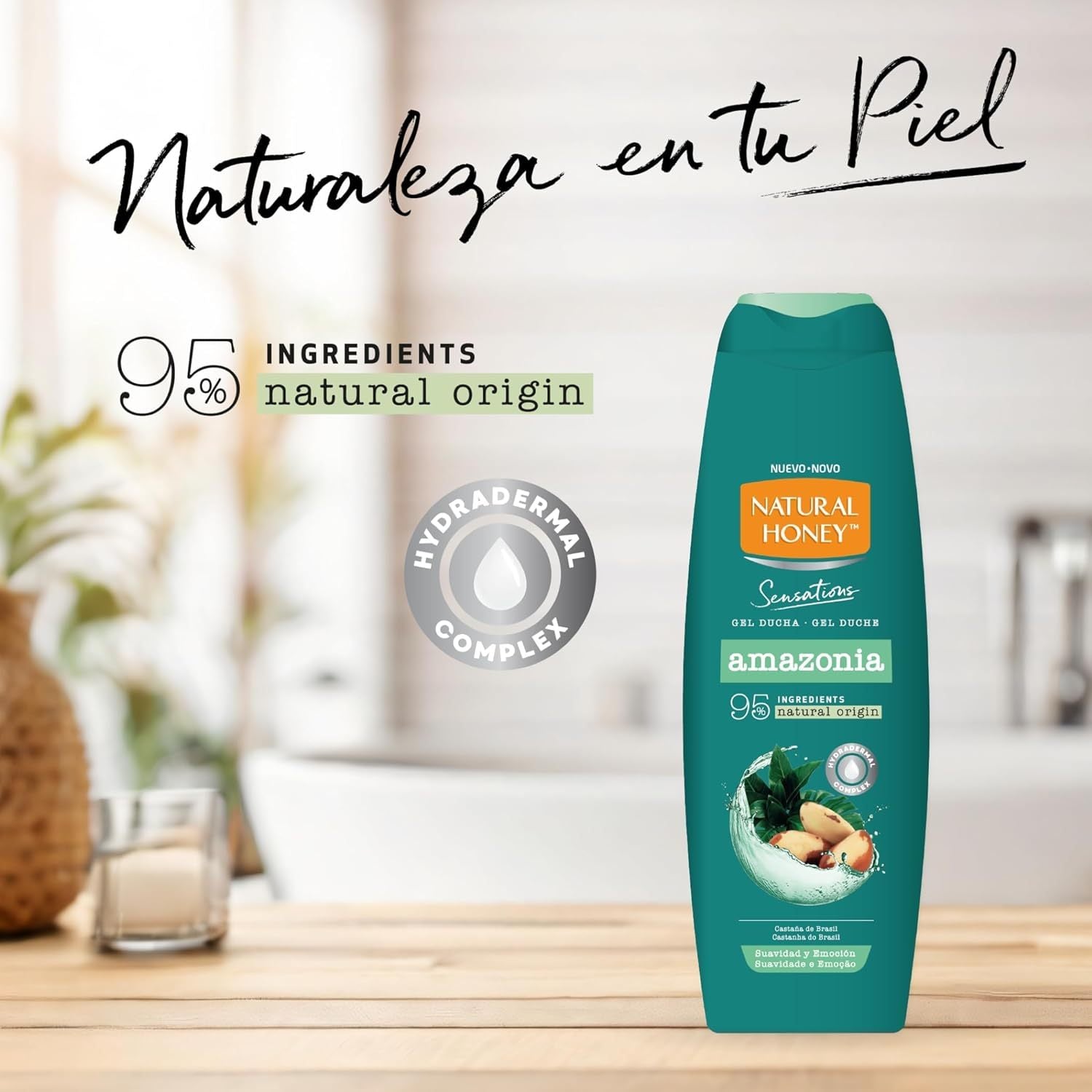 Natural Honey, Gel de Ducha Amazonia Hidratante y Nutritivo, con Extracto de Castañas Brasileñas y Hydradermal Complex para una Piel Hidratada, Fresca y Revitalizada, Línea Sensations, 600 ml