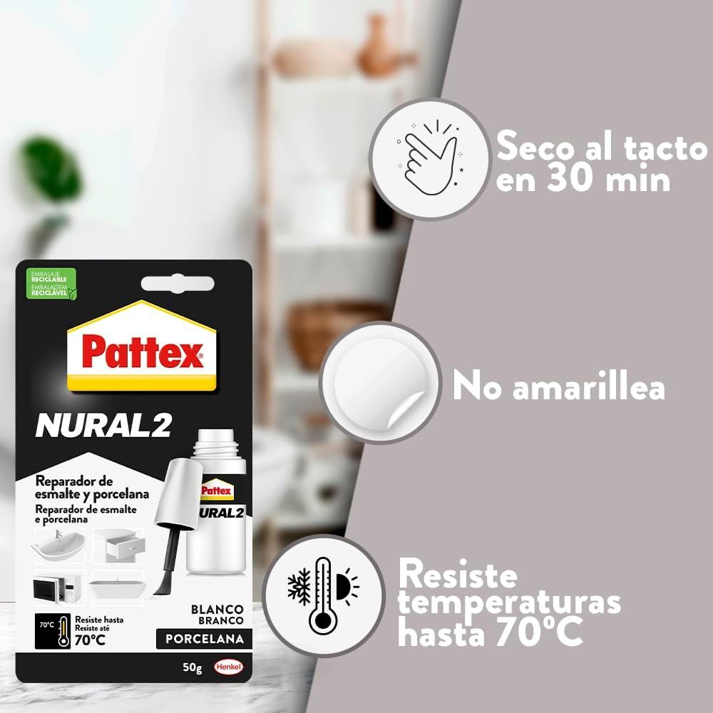Pattex Nural 2 Reparador de Esmalte y Porcelana, Esmalte Permanente Blanco para Desconchados, Golpes y Rozaduras, Esmalte con Múltiples Aplicaciones, 50g