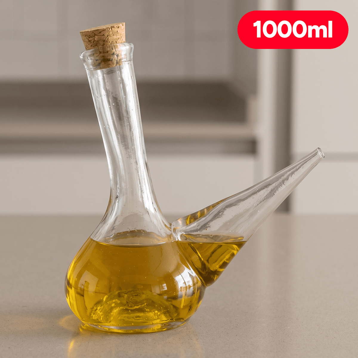 Aceitera 1 Litro con Tapón de Corcho, Hecha de Vidrio Resistente, Ideal para Uso Diario, Dispensador de Boquilla Única, Perfecto para Aceite, Vinagre, Aderezos, 1000ml
