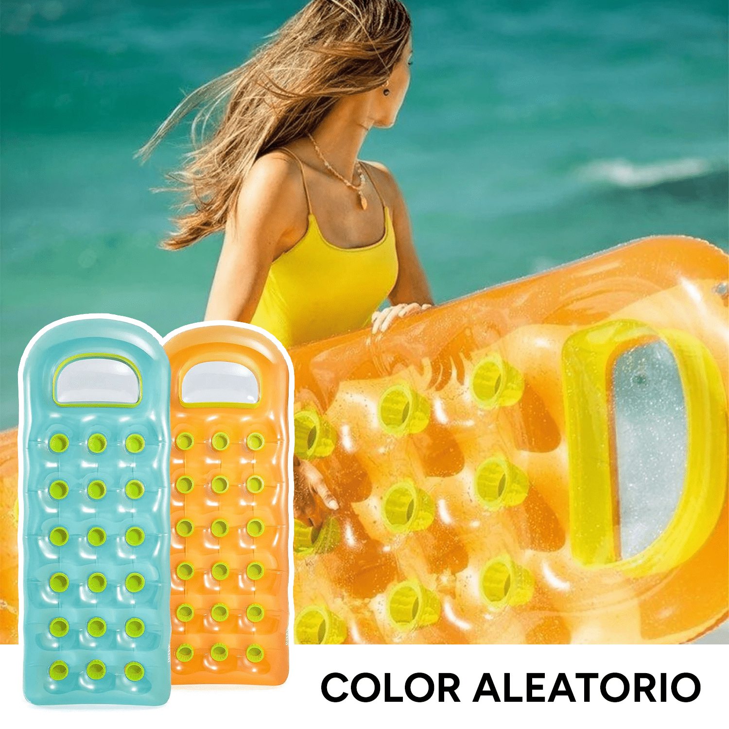Colchoneta Inflable Piscina, Hamaca de Agua Flotante con 18 Posavasos y Almohada Transparente, Hecha de Vinilo Ultra Resistente, Incluye Parche para Reparar Pequeños Poros o Pinchazos, 100kg Peso Máximo, Color Aleatorio, 188 x 71 cm