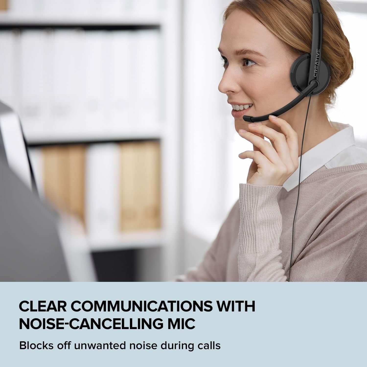 Creative HS-220 Cascos con Cable USB, Auriculares con Cable, Sonido Estéreo con Micrófono Giratorio y Supresión activa de Ruido USB, Control remoto, Casco Negro