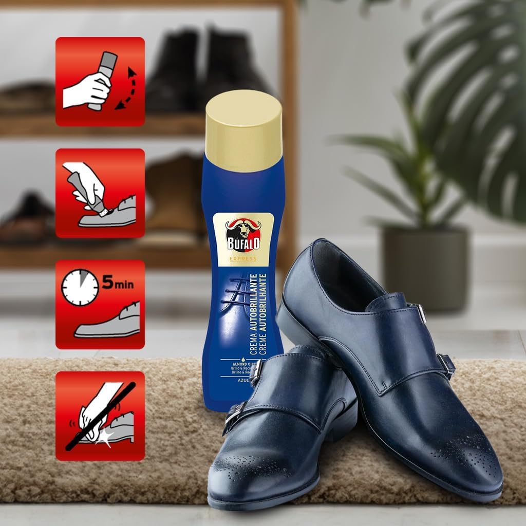 Búfalo Crema para Zapatos Autobrillante Color Azul, Formulada con Aceite Natural de Almendras, Cuidado del Calzado y Color, Brillo Intenso Inmediato, Frasco de 50ml