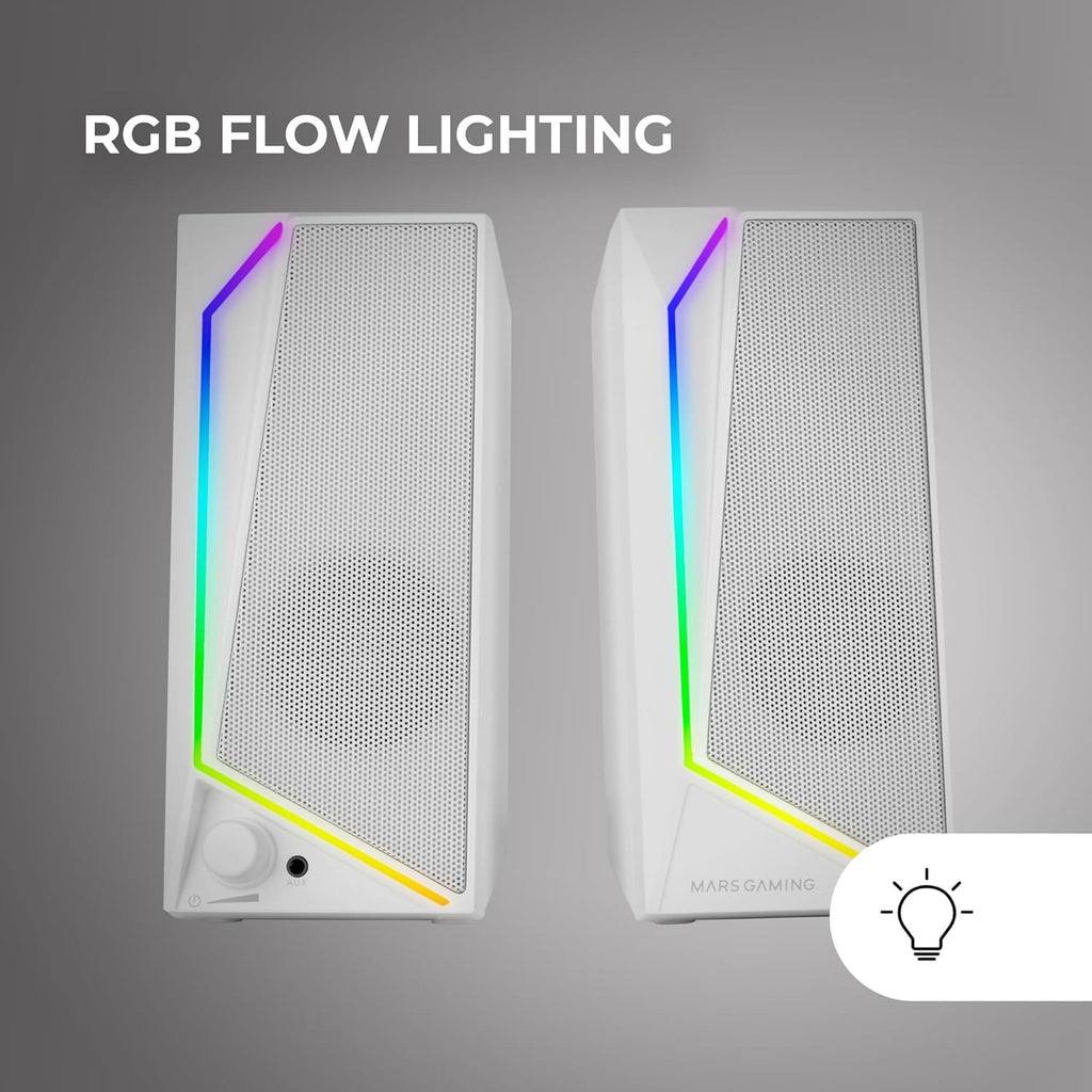 Mars Gaming MS72, Altavoces Gaming 15W, Iluminación RGB Flow, 2 Drivers Activos, Chipset DSP, Conexión Plug&Play USB y Jack 3.5mm, Rueda Control de Volumen y Puerto de Audio para Auriculares, Blanco