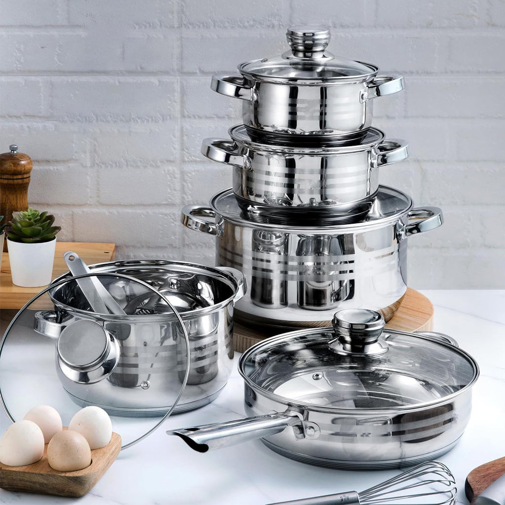 Batería de Cocina 12 Piezas, Juego de Ollas, Cazo y Sartén de Acero Inoxidable, Tapas Incluidas, Apto para Lavavajillas, Apto para Cocina Eléctrica, Gas, Vitrocerámica e Inducción