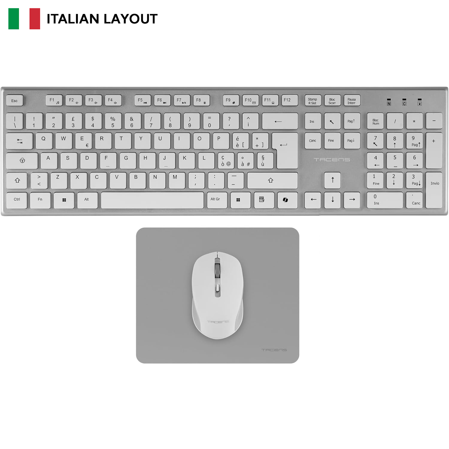 Tacens Zenith, Combo Inalámbrico 3en1 con Tecnología DualLink 2.4 GHz, Teclado Completo Full-Size con SmartKey Copilot AI, Ratón Óptico 3200 dpi, Alfombrilla Nanotextil, Idioma Italiano, Blanco